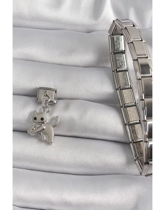 316L Çelik Gümüş Renk Sallantı Kedi Model Nomination Charm