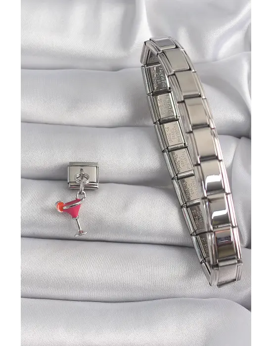 316L Çelik Gümüş Renk Sallantı Kokteyl Model Nomination Charm