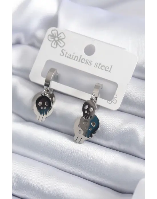   Gümüş Sallantı Kuru Kafa Model Çelik Küpe