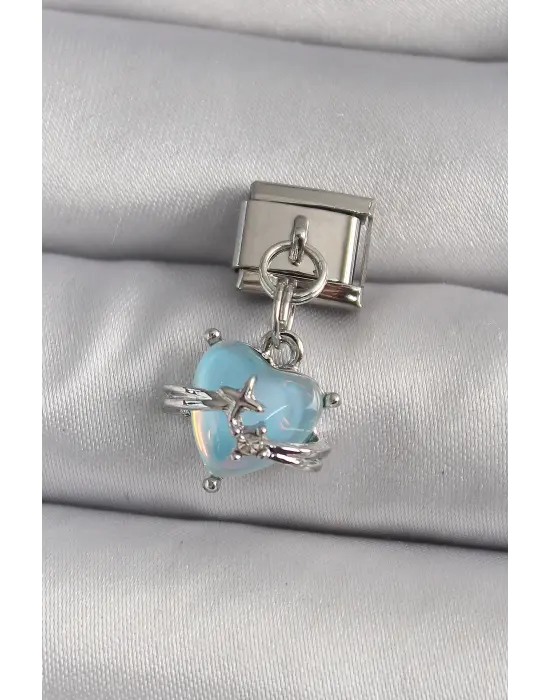 316L Çelik Gümüş Renk Sallantı Mavi Sedefli Kalp Model Nomination Charm