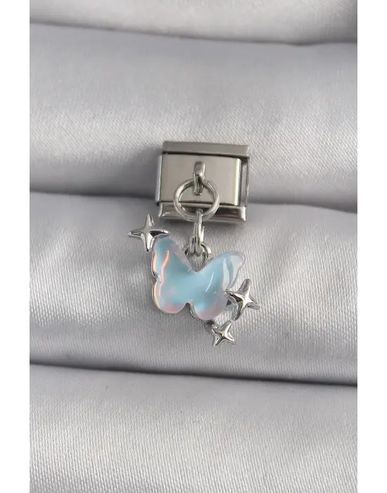 316L Çelik Gümüş Renk Sallantı Mavi Sedefli Kelebek Model Nomination Charm