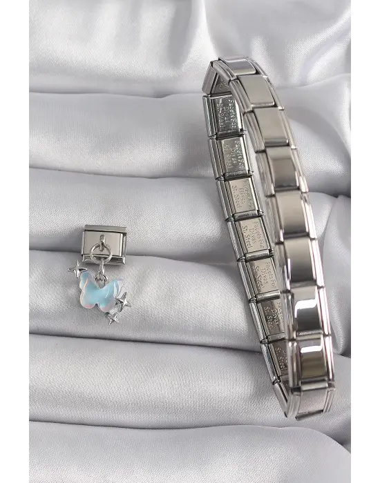 316L Çelik Gümüş Renk Sallantı Mavi Sedefli Kelebek Model Nomination Charm