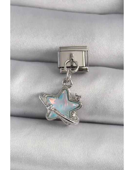 316L Çelik Gümüş Renk Sallantı Mavi Sedefli Yıldız Model Zirkon Taş Detay Nomination Charm