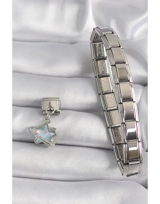 316L Çelik Gümüş Renk Sallantı Mavi Sedefli Yıldız Model Zirkon Taş Detay Nomination Charm