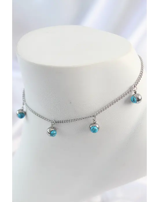 316L Çelik Gümüş Renk Sallantı Mavi Taş Model Kadın Halhal