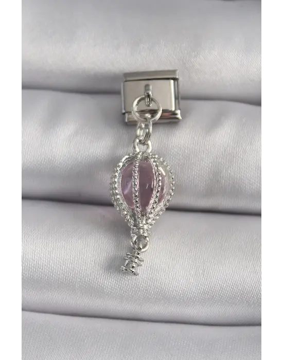 316L Çelik Gümüş Renk Sallantı Mor Sedefli Balon Model Nomination Charm