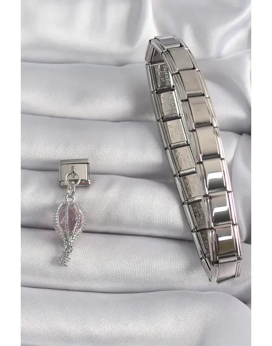 316L Çelik Gümüş Renk Sallantı Mor Sedefli Balon Model Nomination Charm