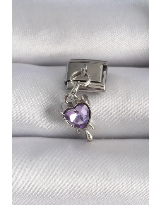316L Çelik Gümüş Renk Sallantı Mor Zirkon Taşlı Kalp Figür Nomination Charm