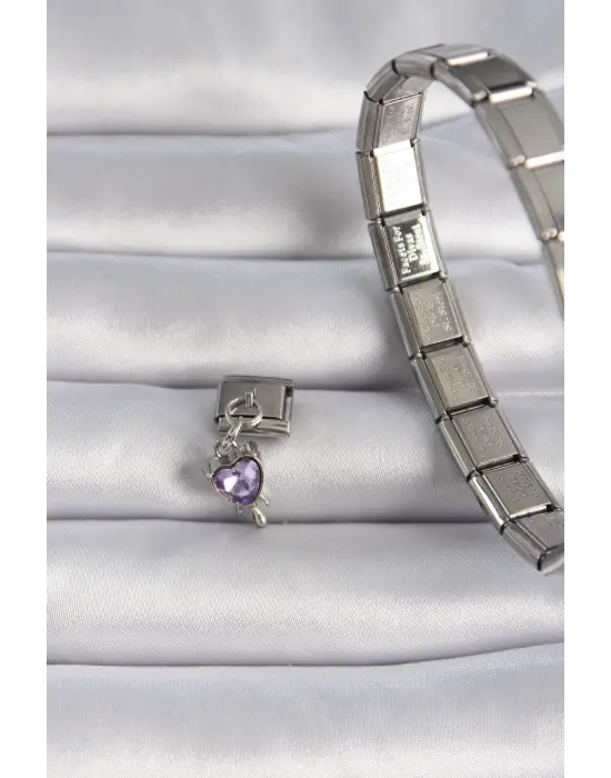 316L Çelik Gümüş Renk Sallantı Mor Zirkon Taşlı Kalp Figür Nomination Charm