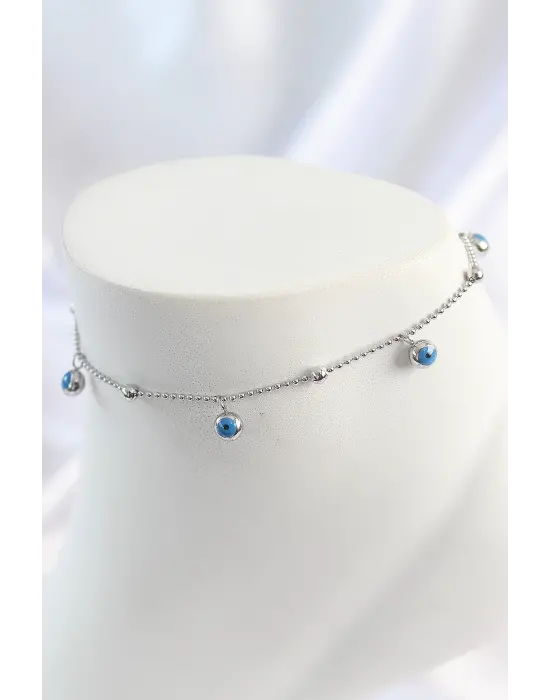 316L Çelik Gümüş Renk Sallantı Nazar Boncuk Figür Topçuk Detay Kadın Halhal