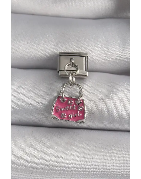 316L Çelik Gümüş Renk Sallantı Pembe Çanta Model Nomination Charm