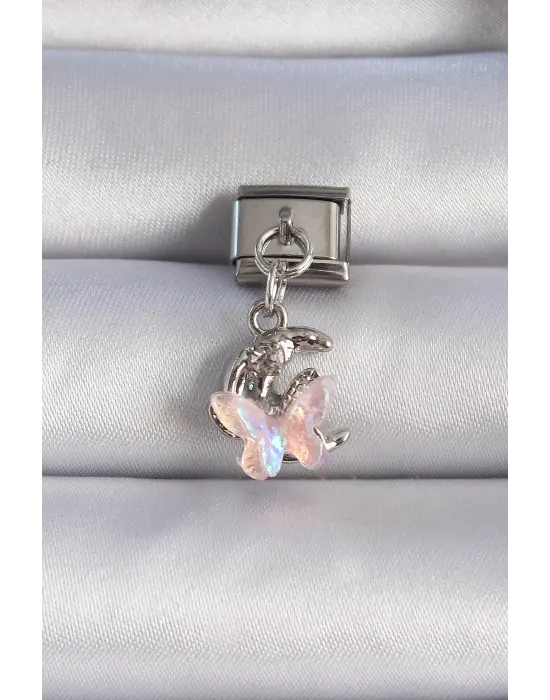 316L Çelik Gümüş Renk Sallantı Pembe Kelebek Hilal Figür Nomination Charm