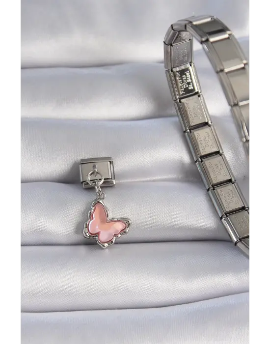 316L Çelik Gümüş Renk Sallantı Pembe Mineli Kelebek Figür Nomination Charm