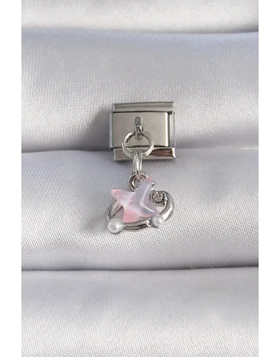 316L Çelik Gümüş Renk Sallantı Pembe Mineli Yıldız İnci Detaylı Nomination Charm
