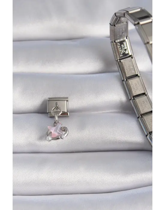 316L Çelik Gümüş Renk Sallantı Pembe Mineli Yıldız İnci Detaylı Nomination Charm