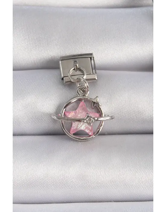 316L Çelik Gümüş Renk Sallantı Pembe Mineli Yıldız Zirkon Taşlı Nomination Charm
