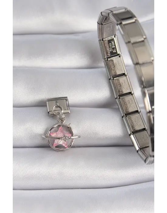 316L Çelik Gümüş Renk Sallantı Pembe Mineli Yıldız Zirkon Taşlı Nomination Charm