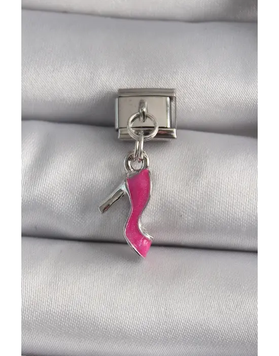 316L Çelik Gümüş Renk Sallantı Pembe Topuklu Ayakkabı Model Nomination Charm