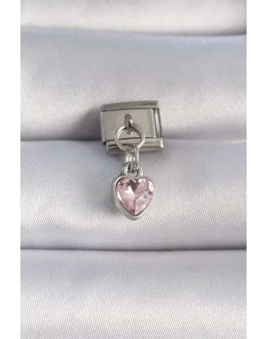 316L Çelik Gümüş Renk Sallantı Pembe Zirkon Taşlı Kalp Figür Nomination Charm