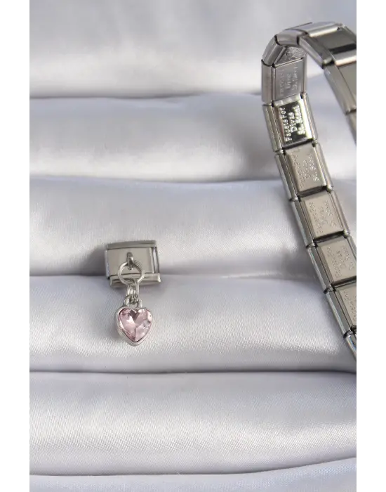 316L Çelik Gümüş Renk Sallantı Pembe Zirkon Taşlı Kalp Figür Nomination Charm