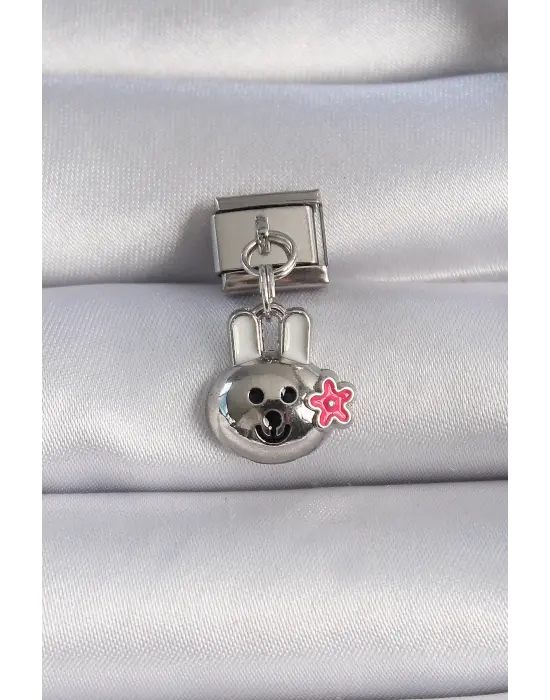 316L Çelik Gümüş Renk Sallantı Tavşan Figür Pembe Çiçek Detay Nomination Charm