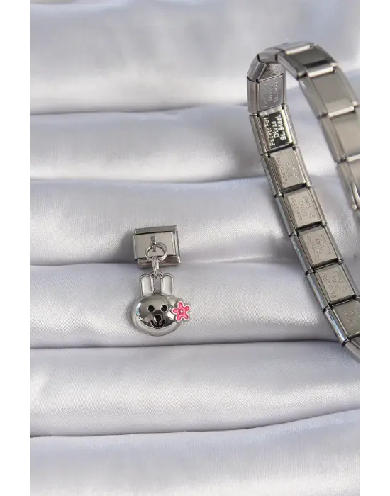 316L Çelik Gümüş Renk Sallantı Tavşan Figür Pembe Çiçek Detay Nomination Charm