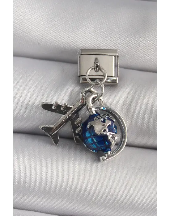 316L Çelik Gümüş Renk Sallantı Uçak Dünya Figür Nomination Charm