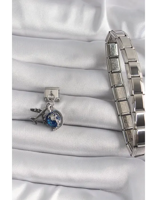 316L Çelik Gümüş Renk Sallantı Uçak Dünya Figür Nomination Charm