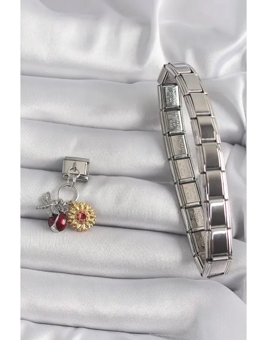 316L Çelik Gümüş Renk Sallantı Uğur Bönceği Ay Çiçeği Figür Nomination Charm