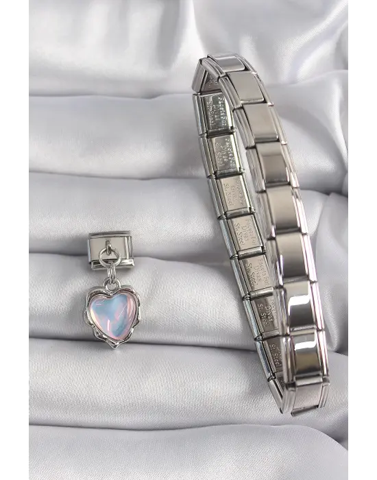 316L Çelik Gümüş Renk Sallantı Yansıma Kalp Model Nomination Charm