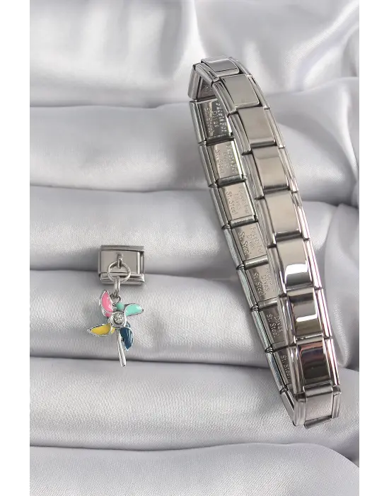 316L Çelik Gümüş Renk Sallantı Zirkon Taş Detaylı Çiçek Model Nomination Charm