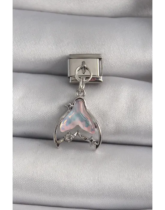 316L Çelik Gümüş Renk Sallantı Zirkon Taş Detaylı Pembe Sedefli Balık Kuyruğu Model Nomination Charm