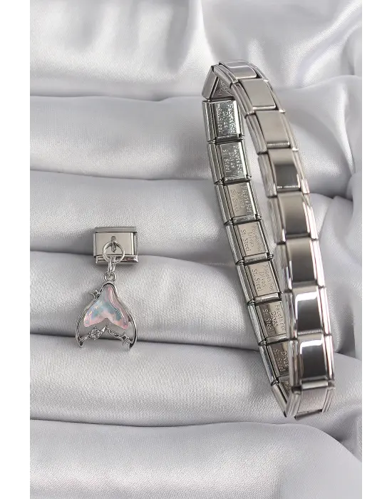 316L Çelik Gümüş Renk Sallantı Zirkon Taş Detaylı Pembe Sedefli Balık Kuyruğu Model Nomination Charm