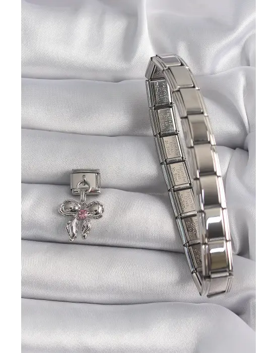 316L Çelik Gümüş Renk Sallantı Zirkon Taşlı Fiyonk Model Nomination Charm