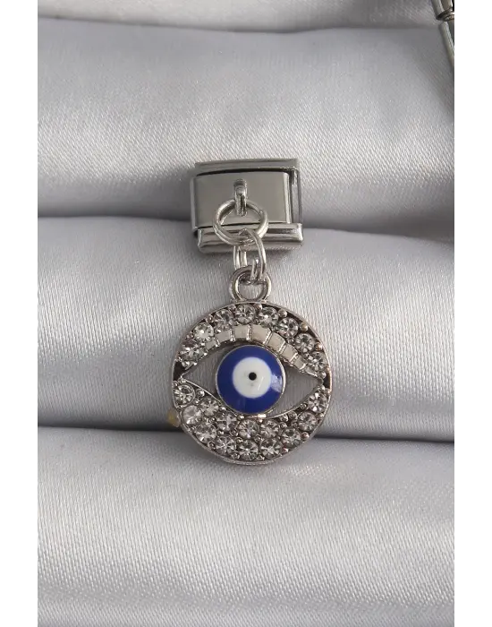 316L Çelik Gümüş Renk Sallantı Zirkon Taşlı Göz Model Nazar Boncuk Detay Nomination Charm
