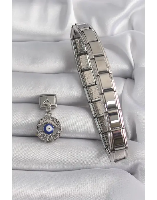 316L Çelik Gümüş Renk Sallantı Zirkon Taşlı Göz Model Nazar Boncuk Detay Nomination Charm