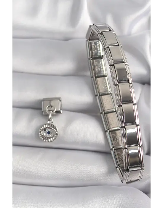 316L Çelik Gümüş Renk Sallantı Zirkon Taşlı Göz Model Nomination Charm