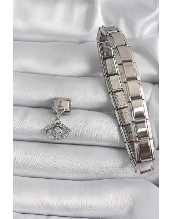 316L Çelik Gümüş Renk Sallantı Zirkon Taşlı Göz Model Nomination Charm