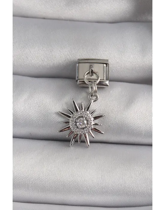 316L Çelik Gümüş Renk Sallantı Zirkon Taşlı Güneş Model Nomination Charm