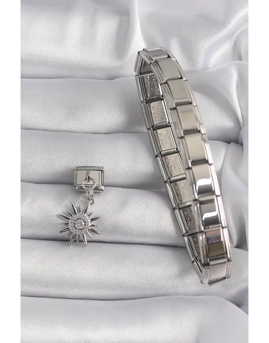 316L Çelik Gümüş Renk Sallantı Zirkon Taşlı Güneş Model Nomination Charm