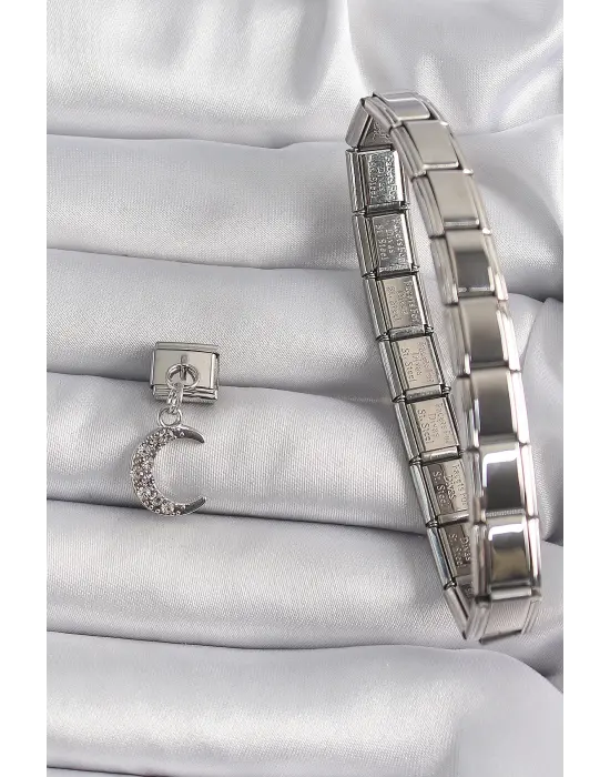 316L Çelik Gümüş Renk Sallantı Zirkon Taşlı Hilal Model Nomination Charm