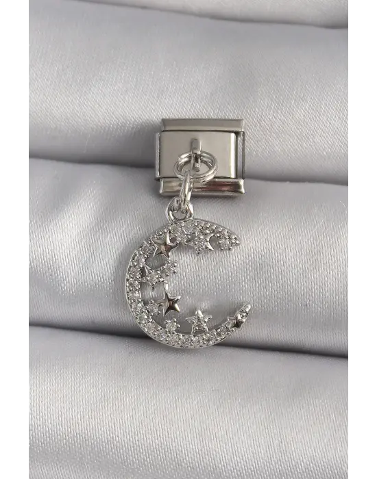 316L Çelik Gümüş Renk Sallantı Zirkon Taşlı Hilal Model Yıldız Detay Nomination Charm