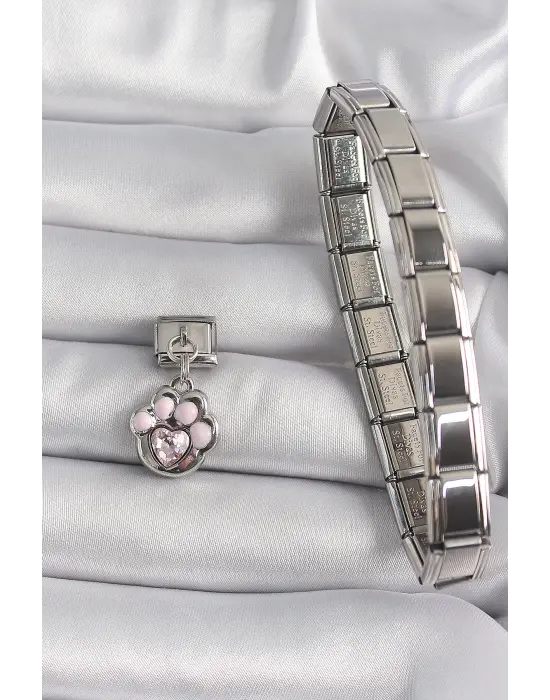 316L Çelik Gümüş Renk Sallantı Zirkon Taşlı Kalp Detay Pembe Pençe Model Nomination Charm