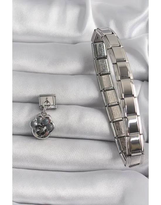 316L Çelik Gümüş Renk Sallantı Zirkon Taşlı Kalp Detay Pençe Model Nomination Charm