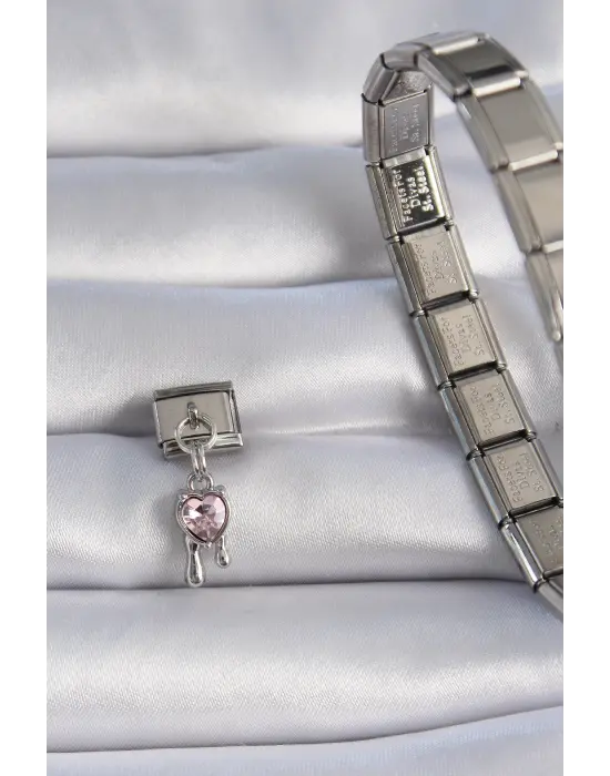 316L Çelik Gümüş Renk Sallantı Zirkon Taşlı Kalp Figür Nomination Charm