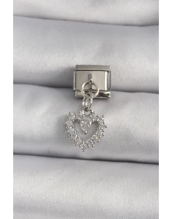 316L Çelik Gümüş Renk Sallantı Zirkon Taşlı Kalp Model Nomination Charm