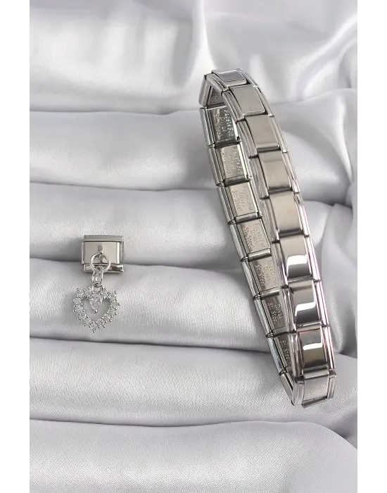 316L Çelik Gümüş Renk Sallantı Zirkon Taşlı Kalp Model Nomination Charm