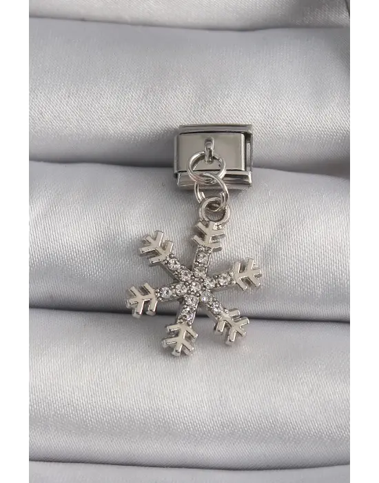 316L Çelik Gümüş Renk Sallantı Zirkon Taşlı Kar Tanesi Model Nomination Charm
