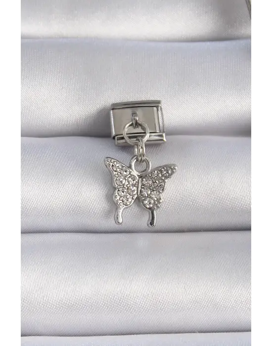 316L Çelik Gümüş Renk Sallantı Zirkon Taşlı Kelebek Figür Nomination Charm