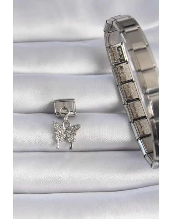 316L Çelik Gümüş Renk Sallantı Zirkon Taşlı Kelebek Figür Nomination Charm